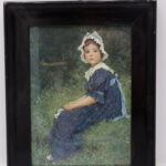 Tableau: peinture d'une petite fille assise sur une colline