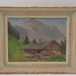 Peinture d'un chalet avec la montagne